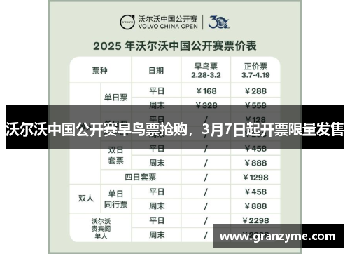 沃尔沃中国公开赛早鸟票抢购,3月7日起开票限量发售